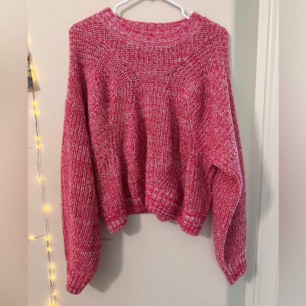 Lush Hot Pink Balloon Sleeved Knitted Cropped Sweater | Size L